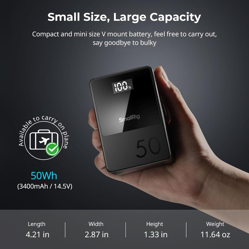 SMALLRIG بطارية V Mount VB50 سوداء، 50Wh / 3400mAh بطارية V Mount مع خرج 45W، شحن كامل في 1.5 ساعة، مع USB-C، D-TAP، USB-A، منفذين DC مزدوجين، شاشة OLED، لكاميرات، هواتف، كاميرات فيديو، شاشات - Image 5